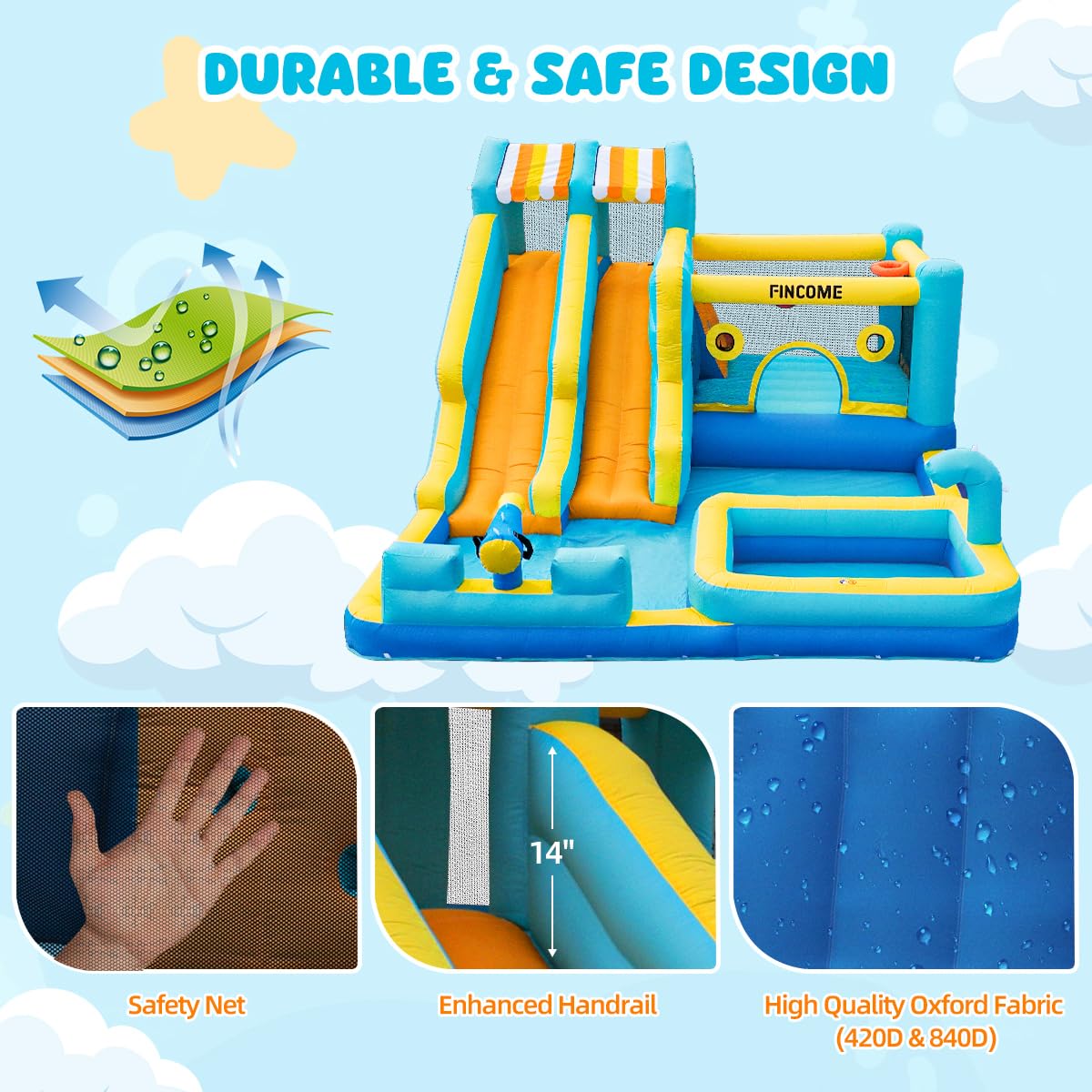 FINCOME Inflatable Bounce House, 10 in 1 Double Water Slide Bounce House with 750W Blower, Climbing Wall, Jumping, Water Gun, Splash Pool, Basketball Hoop for Kids Indoor Outdoor Backyard