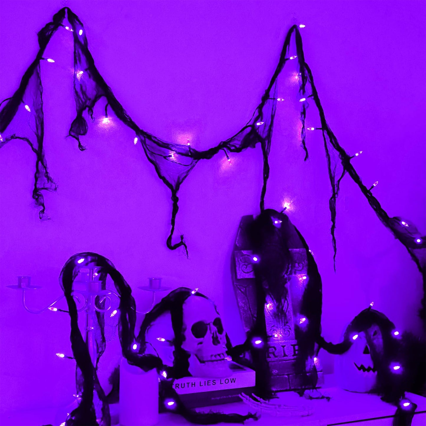 YAOZHOU Halloween Decorations String Lights Purple Indoor 30LED with Black Gauze Timer, 2 Mode Battery Operated 9.9Ft Creepy Cloth Spooky Lights, Gothic Party Room Decor(2Pack)