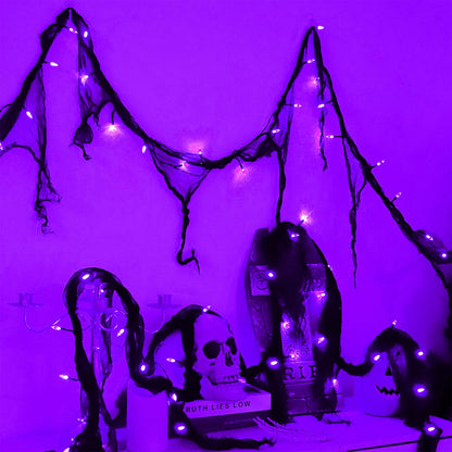 YAOZHOU Halloween Decorations String Lights Purple Indoor 30LED with Black Gauze Timer, 2 Mode Battery Operated 9.9Ft Creepy Cloth Spooky Lights, Gothic Party Room Decor(2Pack)
