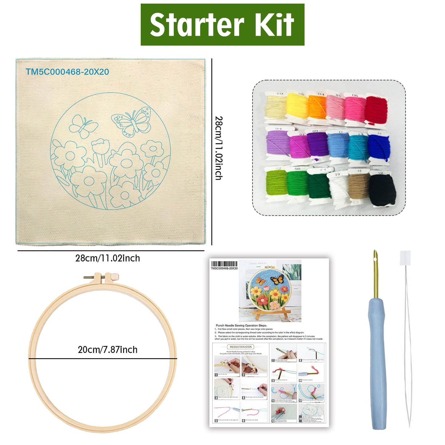 JOZYSH DIY Punch Needle Kits for Beginners Cute Cartoon Butterflies with Spring Flowers with Hoop Embroidery Punch Needle Starter Craft Set Easy for Adults Festival Gift and Decoration