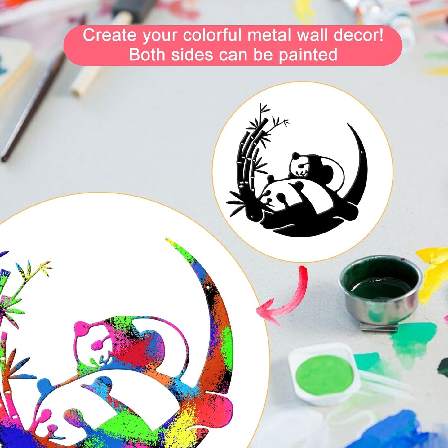 PLIGREAT Cute Panda Metal Wall Sculpture, Front Door Welcome Sign Hanging Wall Art Decor