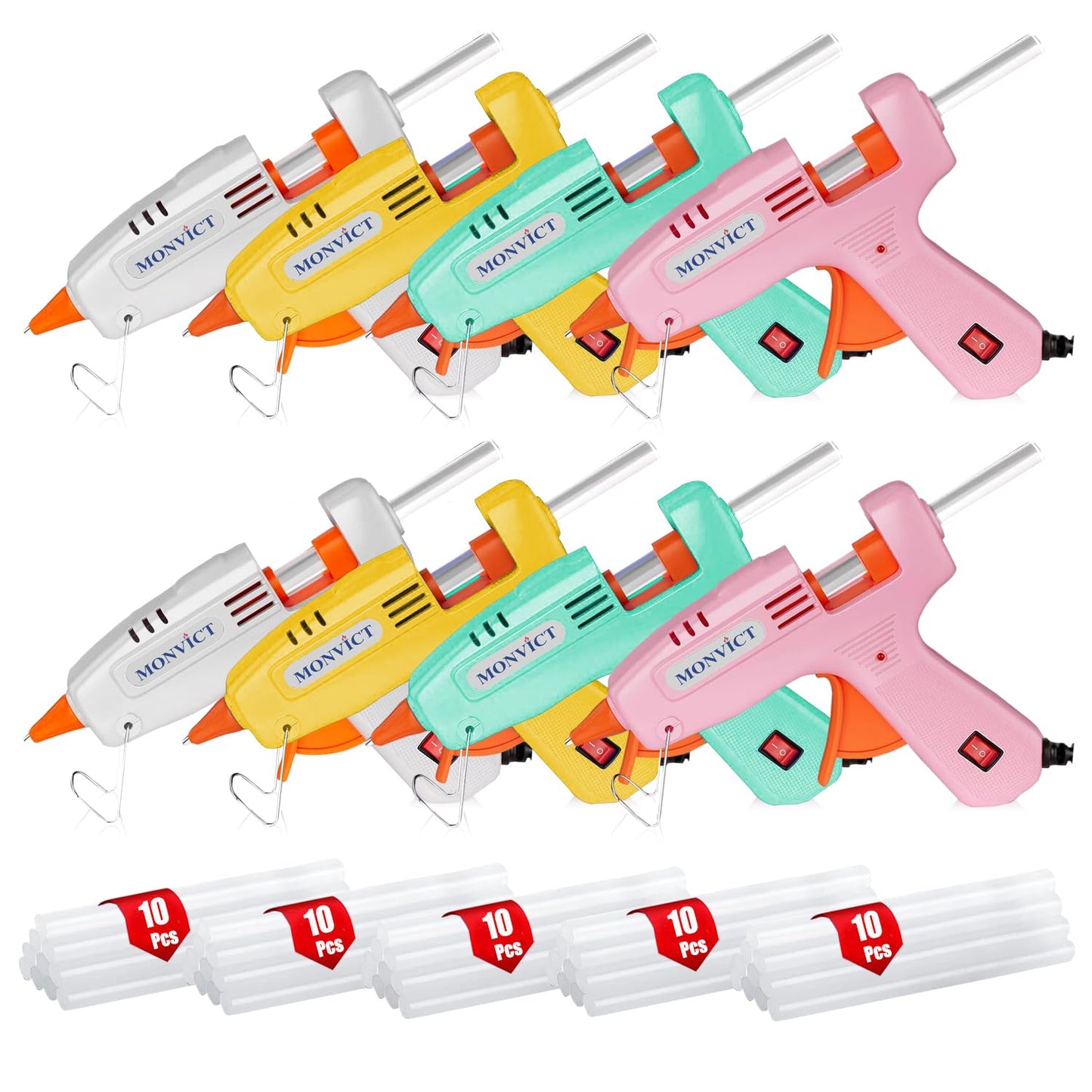 MONVICT 8 Pack 30W Hot Glue Gun Set with 50 Glue Sticks 2 Each of Pink/White/Lake Blue/Yellow - Easy to Use for DIY Crafts, Arts, Class Projects, School, Home Repairs - High Temp Mini Glue Guns