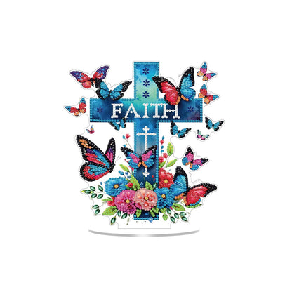 Bloomthread Faith Cross Religious Easter Day Diamond Art Painting Kit, Speical Shaped Rhinestone Desktop Ornament Single Sided, Diamond Painting Stand for Adult Beginner (Blue Cross and Butterfly)