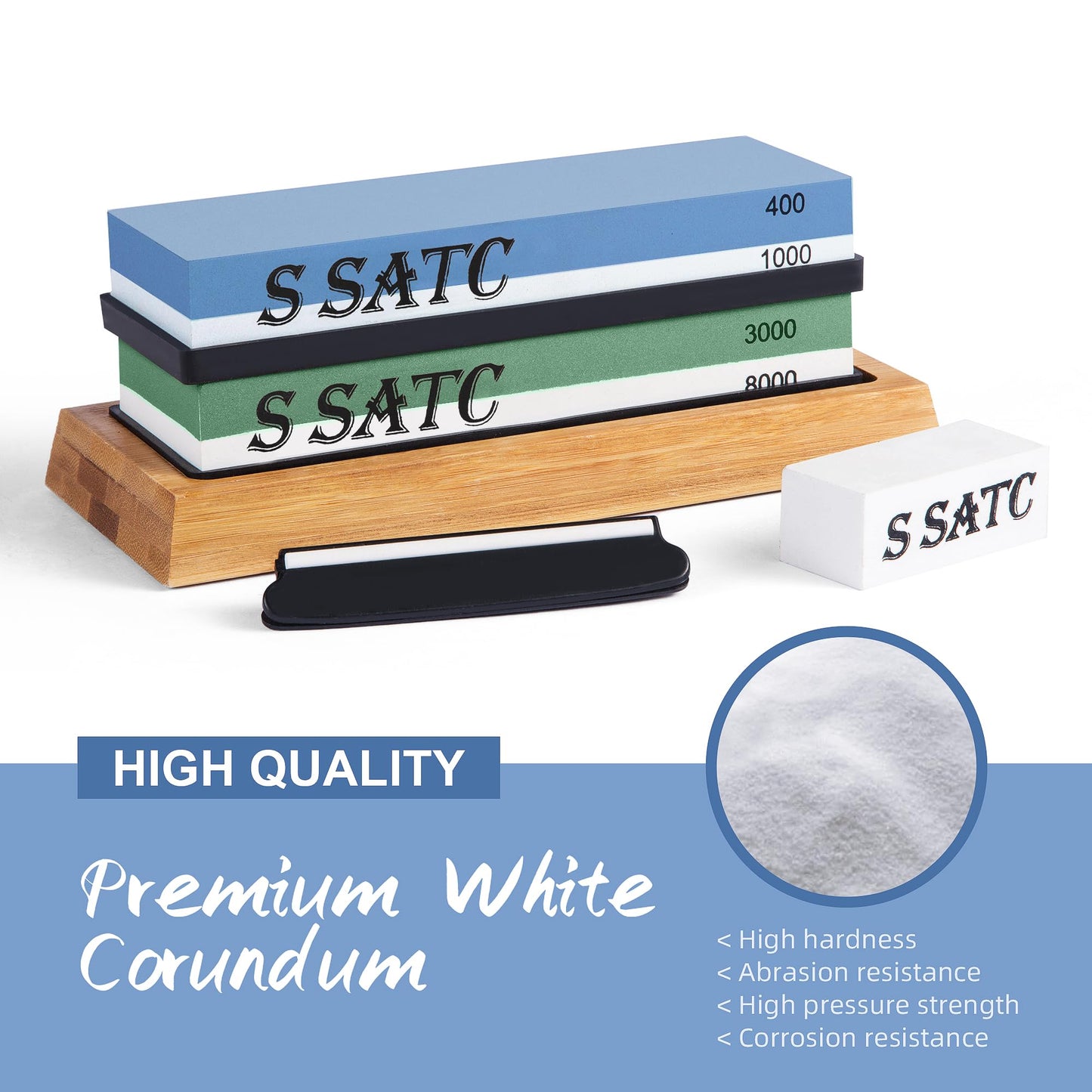 S SATC Knife Sharpening Stone Whetstone 4 Side Grit 400/1000 3000/8000 Stone Knife Sharpeners with Nonslip Rubber Bases, Wood Base, Flattening Stone, and Leather Strop
