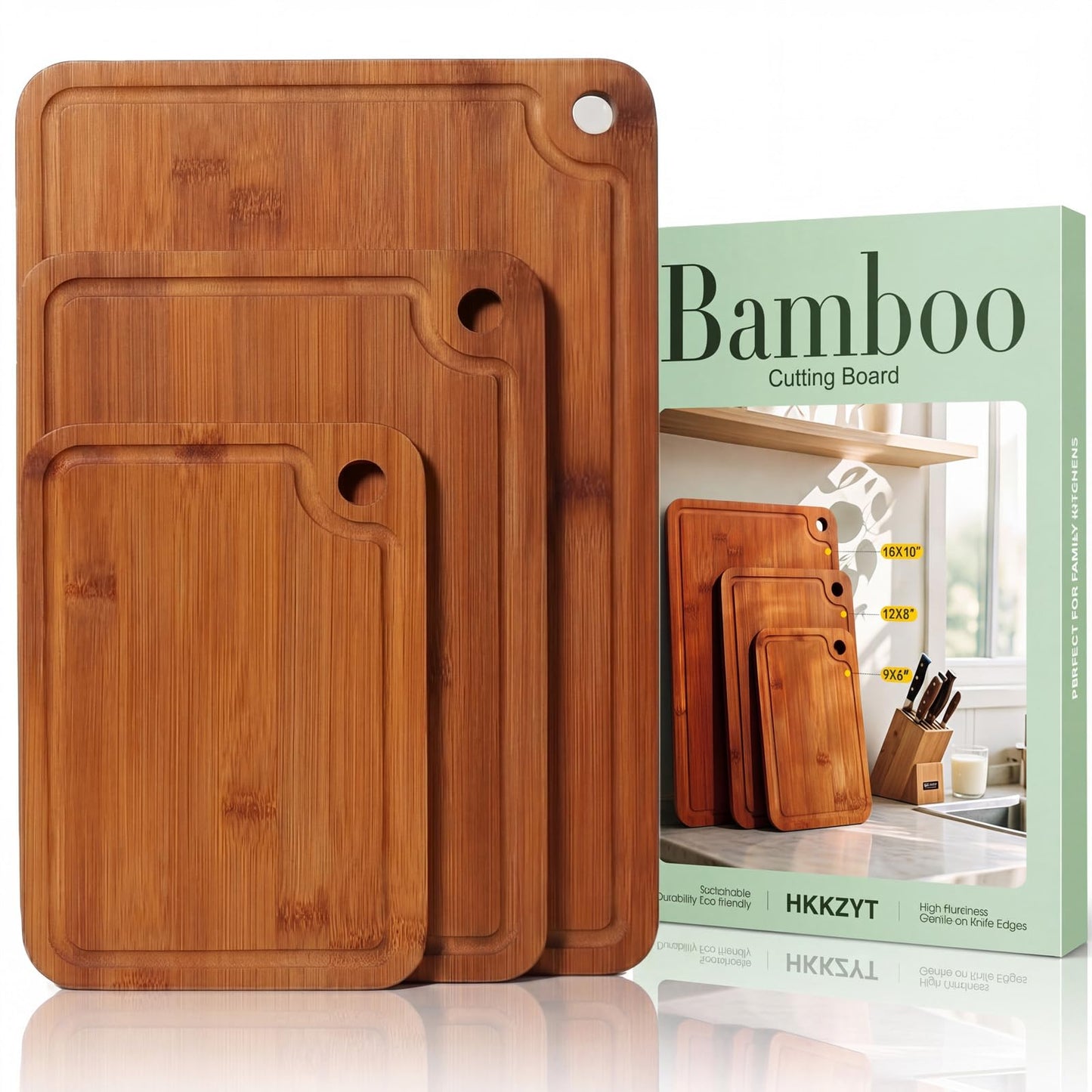 Deep-Carbonized Wood Cutting Board Set, HKKZYT 3 Pack Bamboo Chopping Boards for Kitchen with Side Handles, Charcuterie Board Juice Groove Knife-Friendly for Heavy Duty
