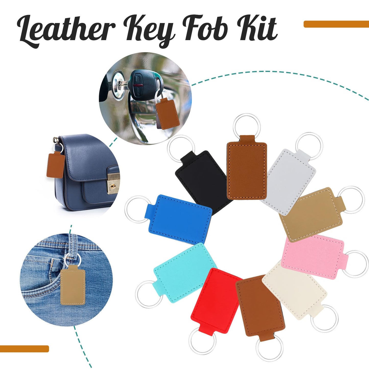 Wonderjune 50 Pcs PU Leather Keychain Blanks Bulk with 50 Rings Laser Engraving Blanks Keychain Kit for DIY Supplies Gifts(Multicolored)
