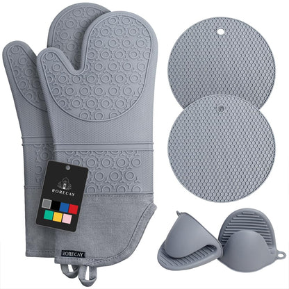 Rorecay 6pcs Oven Mitts and Pot Holders Sets for Kitchen, Extra Long Silicone Oven Gloves High Heat Resistant 500 Degrees Non-Slip Potholders Hot Pads for Baking Cooking, Grey
