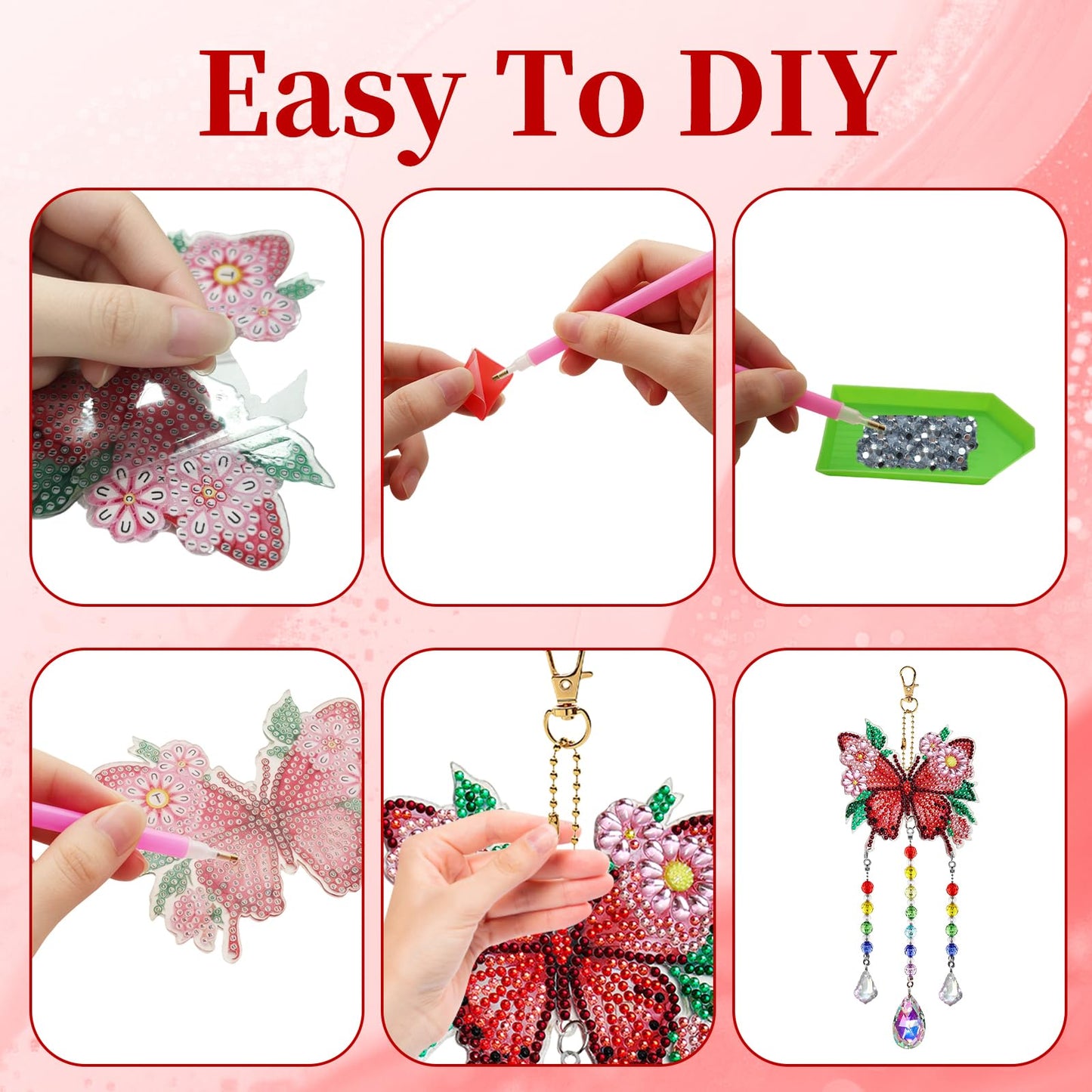 Dqwtb 3pcs Diamond Art Kits for Kids Teens Adults Double-Sided DIY Diamond Painting Hanging Ornaments with Crystal Prisms Butterfly Hummingbird Mandala Sun Wind Chimes for Home Garden Decor