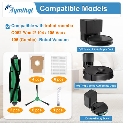 Aymthgt 19 PCS Q0520 Replacement Parts for iRobot Roomba 104/Q0520/Q052/105 Vac/105 Combo Vacuum,2 Roller Brush, 6 Side Brushes, 6 HEPA Filters, 4 Dust Bags and 1 Clean Brush