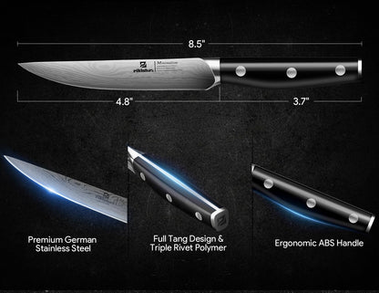 Piklohas Steak Knives Set of 6, 4.6 Inch Non Serrated Dinner Knife, Forged German Steel Damascus Pattern Straight Edge Meat Knife with Full Tang Handle, Dishwasher Safe, Ideal for Gift