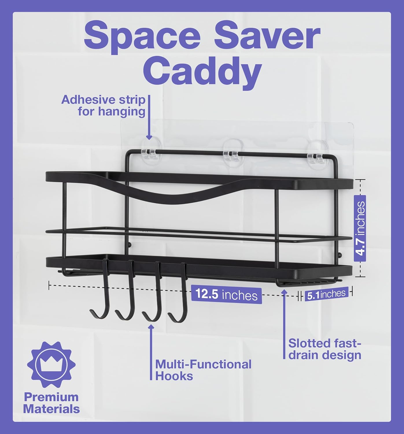 KINCMAX 4 Premium Shower Caddy - Self Adhesive Shower Shelf with Hooks - No Drill Large Capacity Stainless Steel Rack