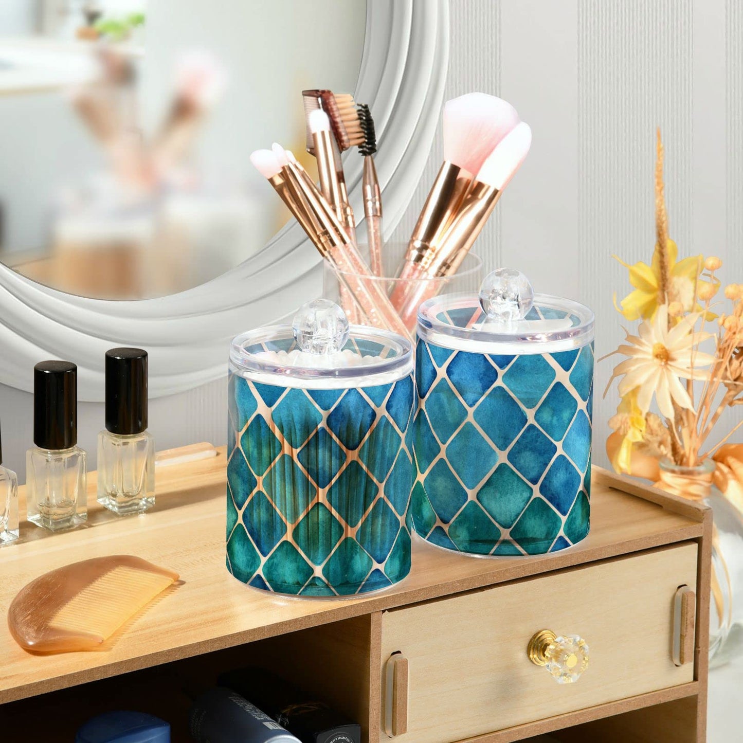 Fustylead 2 Pack Blue-green Squares Qtip Holder Dispensers, Bathroom Storage Canister Plastic Apothecary Jar Set for Cotton Swabs, Ball, Pads, Floss