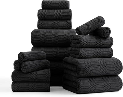18 Set-6 Sheets,6 Towels,6 Set Pcs Black Woven Family Towels Bath Hand Washcloths Soft Polyester Towels Absorbent