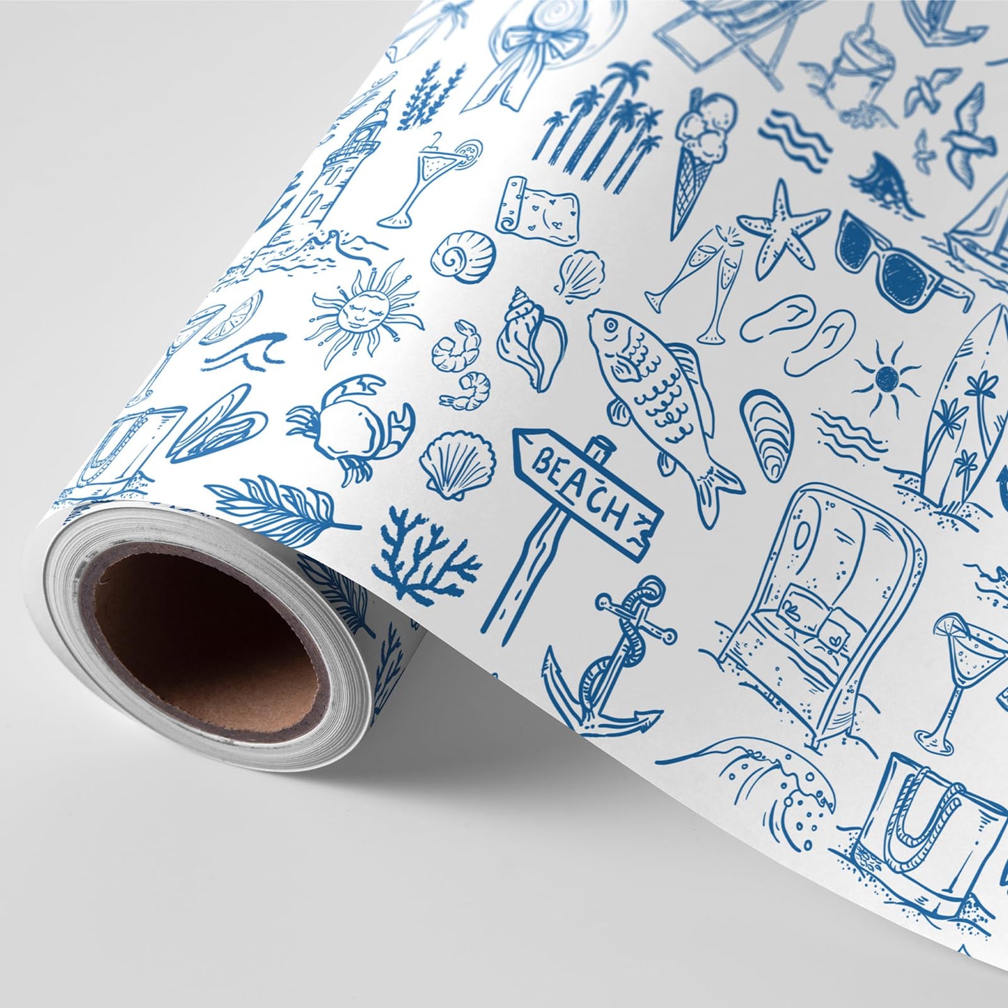 FYSUIMU Summer Wrapping Paper -Mini Roll- 17 Inch x 32.8 Ft Blue White Beach Fish Gift Wrap Paper Tropical Art Papers for Luau Pool Party Baby Shower Birthday DIY Crafts
