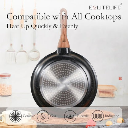 Eslite Life Nonstick Cookware Set - 12 Pcs Granite Coating Pots & Pans | PFOA Free, All Stovetops Compatible, Black