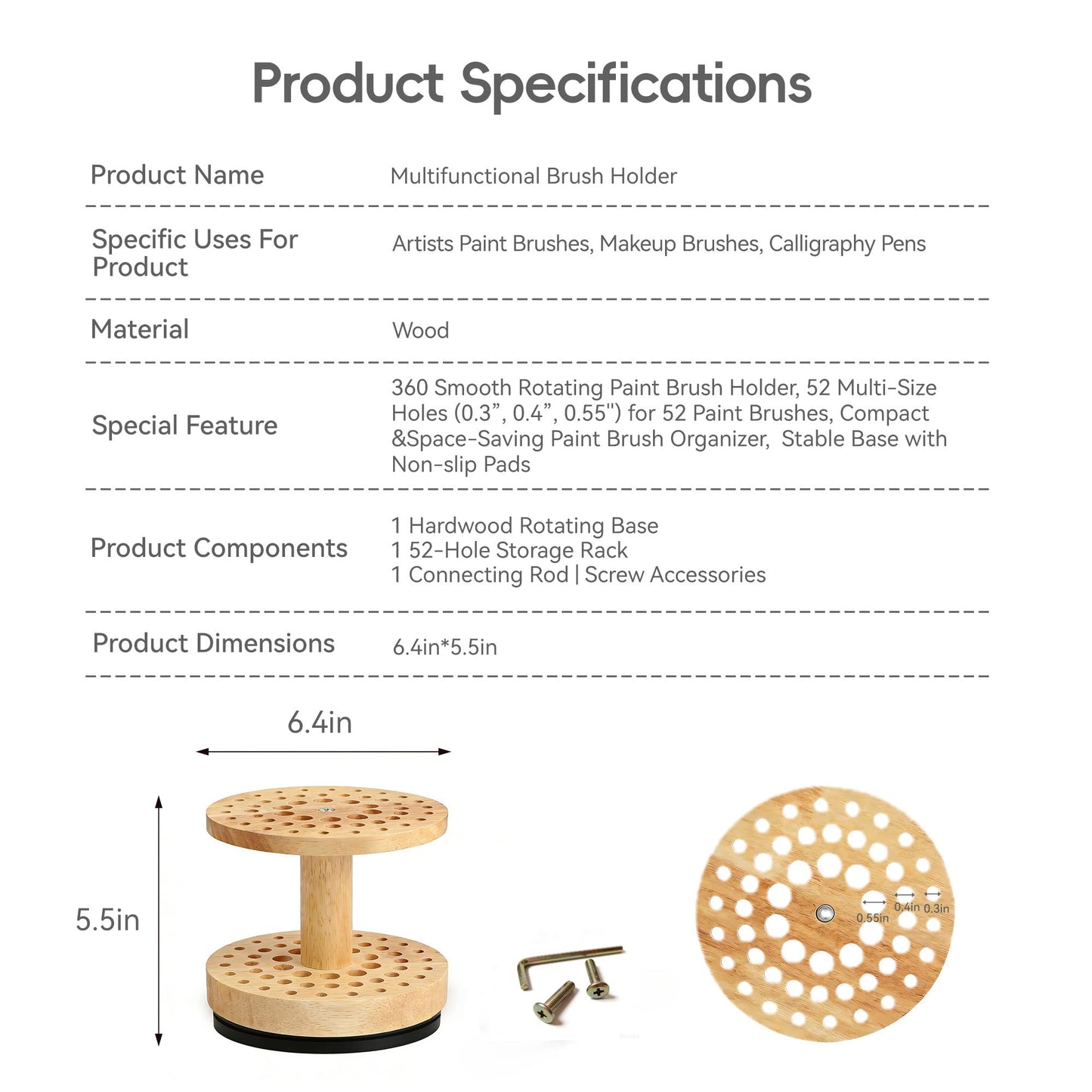 360° Rotating Brush Storage Rack|52-Hole Brush Holder|Hardwood Storage Stand|Space-Saving Brush Organizer|Suitable for Artist Brushes,Craft Tools, Makeup Brushes,Calligraphy Pens