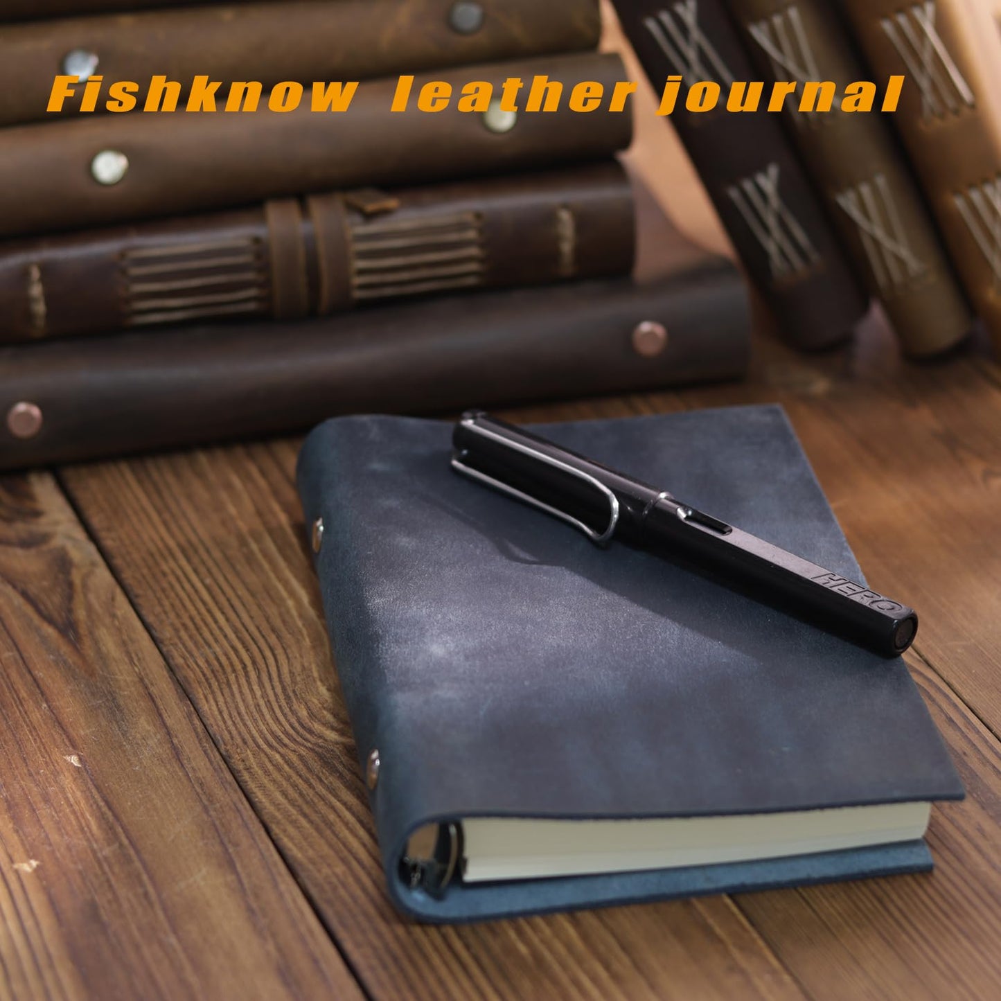 Fishknow A6 Refillable Notebook,Blue Genuine Leather 5x7In 6 Ring Binder Journal for Women Men