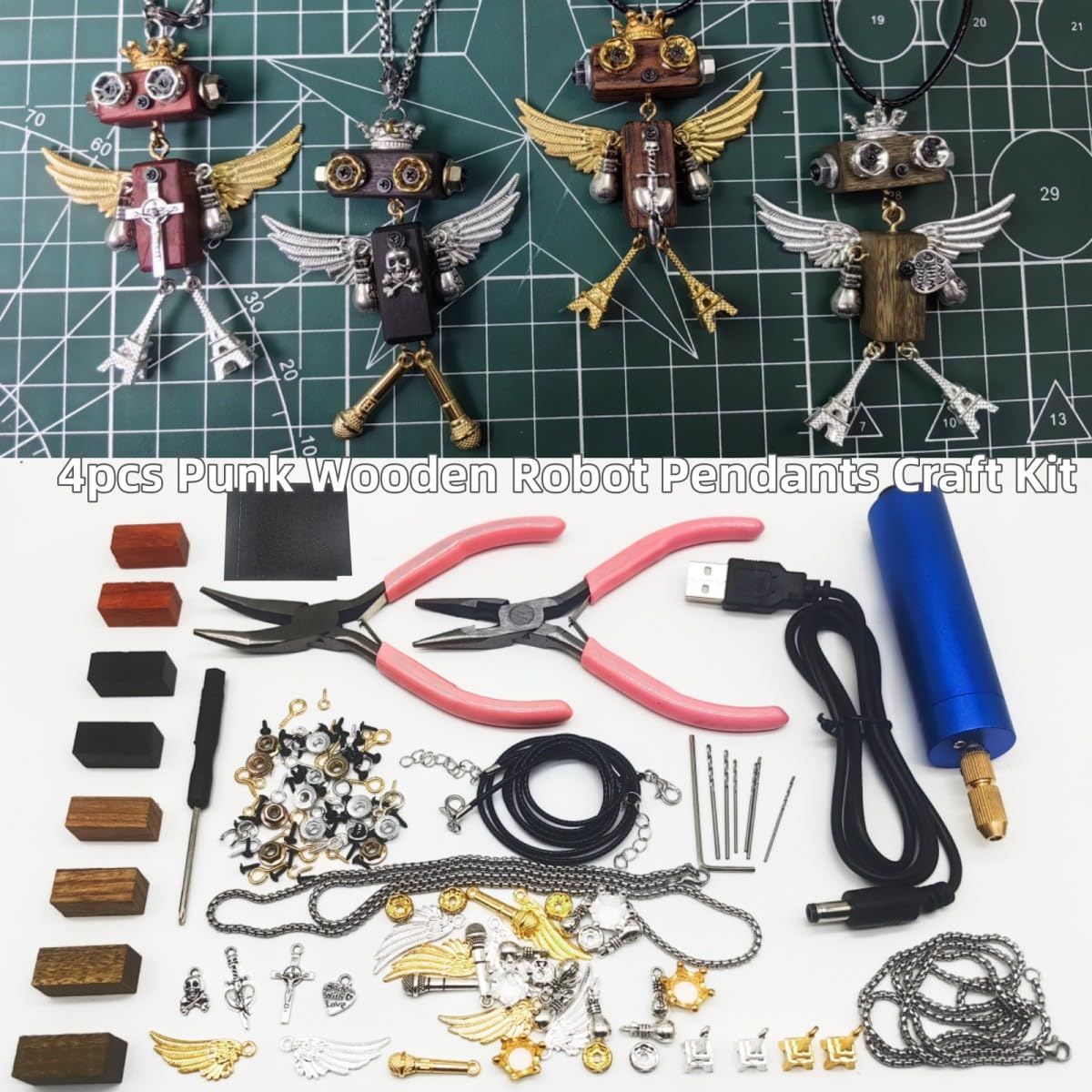 DEUXPER Unique Cross Necklace DIY Set - Wooden Steampunk Robot Charms Pendants, Keychain Decor, Cute Bag Chain, Gold Silver Jewelry Gifts Craft Project for Women Men