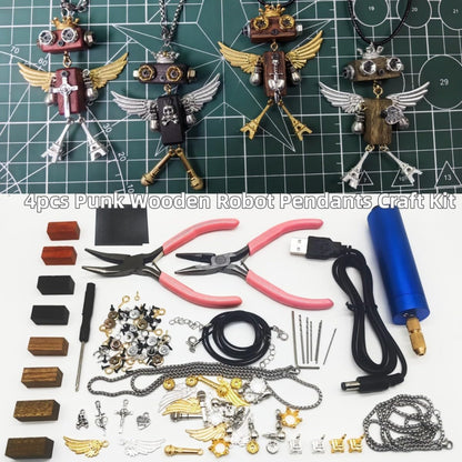 DEUXPER Unique Cross Necklace DIY Set - Wooden Steampunk Robot Charms Pendants, Keychain Decor, Cute Bag Chain, Gold Silver Jewelry Gifts Craft Project for Women Men