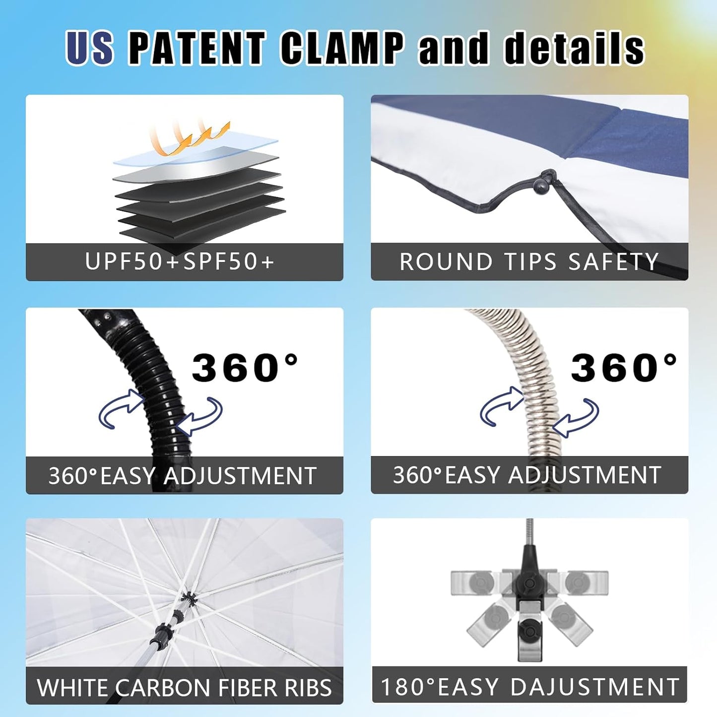 GRANDMEI Clamp,46 inches 50+ Chair Umbrella with UPF Clip on Parasol for Patio,Beach Chairs,Strollers,Wheelchairs,Golf