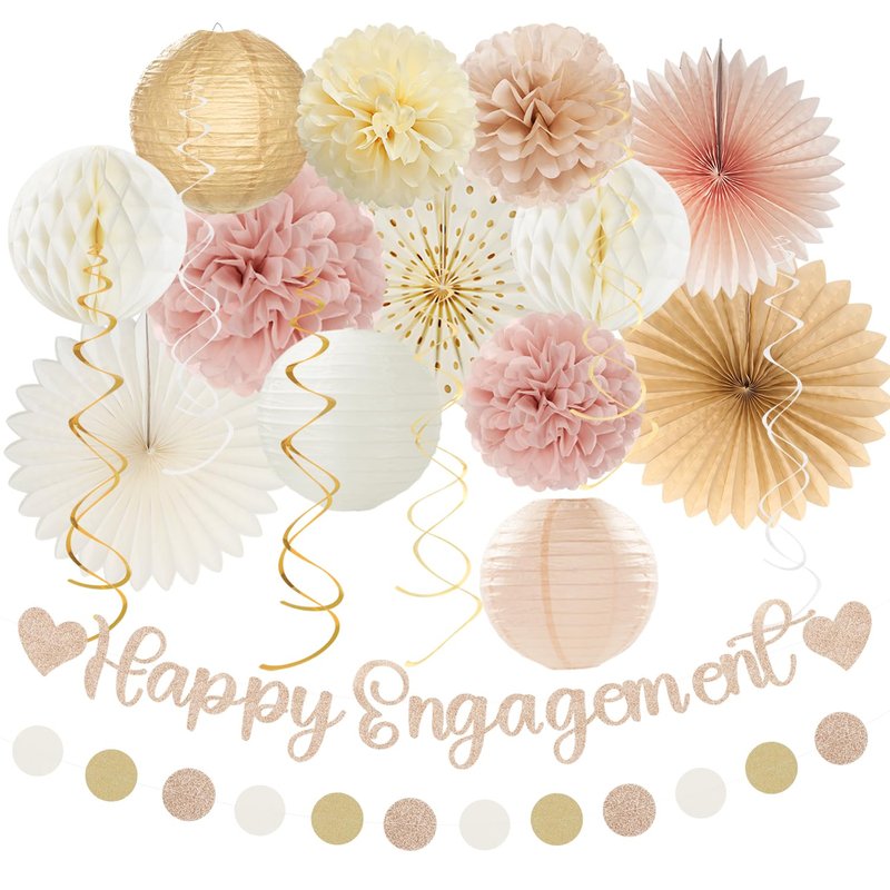 Champagne-Gold Fall Boho Happy-Engagement Party-Decorations - 21pcs Women She Said Yes Proposal Banner Streamers, Beige One Sweet Peach Paper Lanterns,Flower Tissue Pom Poms Fan Favors Decor Huglony
