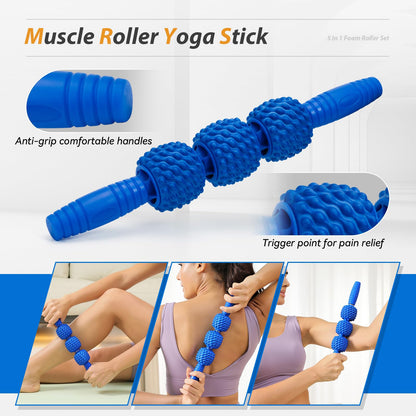 5 in1 Foam Roller Set, Trigger Point Foam Roller, Massage Roller Stick, Massage Ball, Resistance Band for Deep Muscle Massage Pilates Yoga,Fitness Exercise for Whole Body (Black-Red)