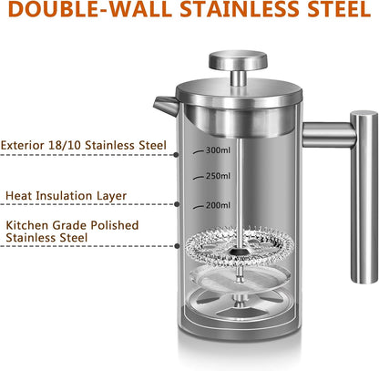 French Press, 12oz Double-Wall Insulated Coffee Maker, Stainless Steel with 3 Level Filtration System