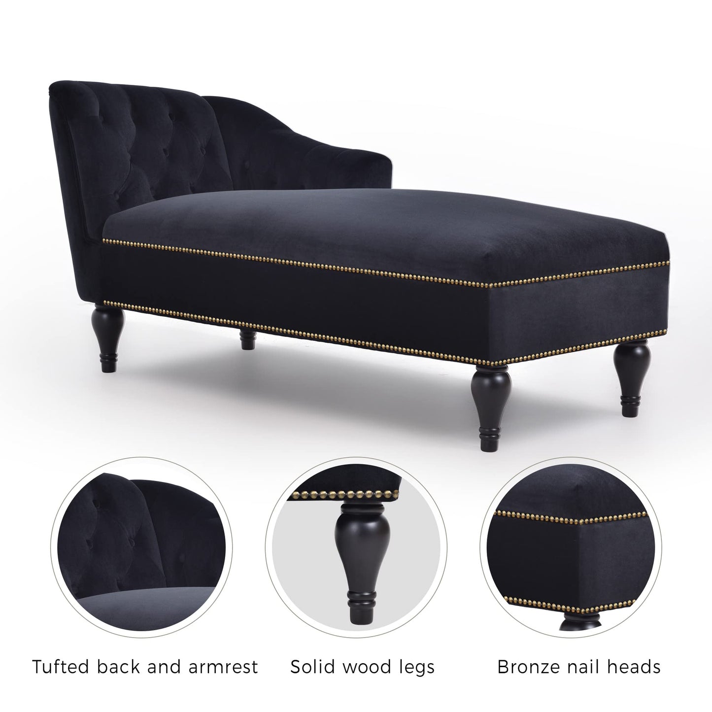 GDFStudio 58" Upholstered Chaise Lounge Chair Indoor, Modern Velvet Lounge Chaise with Button Tufted Arm, Nailhead Trim & Solid Wood Legs, Sleeper Bed Recliner Chair for Living Room Bedroom, Black