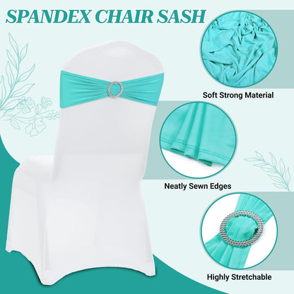 MDS Spandex Chair Sashes - Premium Stretch Covers with Buckle Slider for Weddings & Events | Aqua Blue, Pack of 10