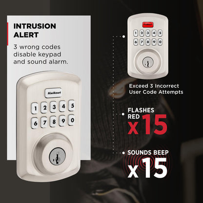 Kwikset Powerbolt 250 10-Button Keypad Satin Nickel Transitional Electronic Deadbolt Door Lock, Featuring Convenient Keyless Entry, Customizable User Codes, Auto Locking