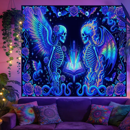 TNKBREEZE Blacklight Tapestry Skeleton Tapestries Wings UV Reactive Black Light Wall Art Glow in the Dark for Bedroom Living Room Dorm Party Decor 51.2 x 59.1 In