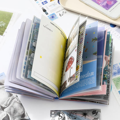 ZHIJIANHZ Premium Stcker Book for Scrapbooking, 65 Sheets Including Patterned, Vellum and Glitter Paper, Junk Journal Supplies for Adults with Vintage Stickers, 4.9 x 6.9 Inches