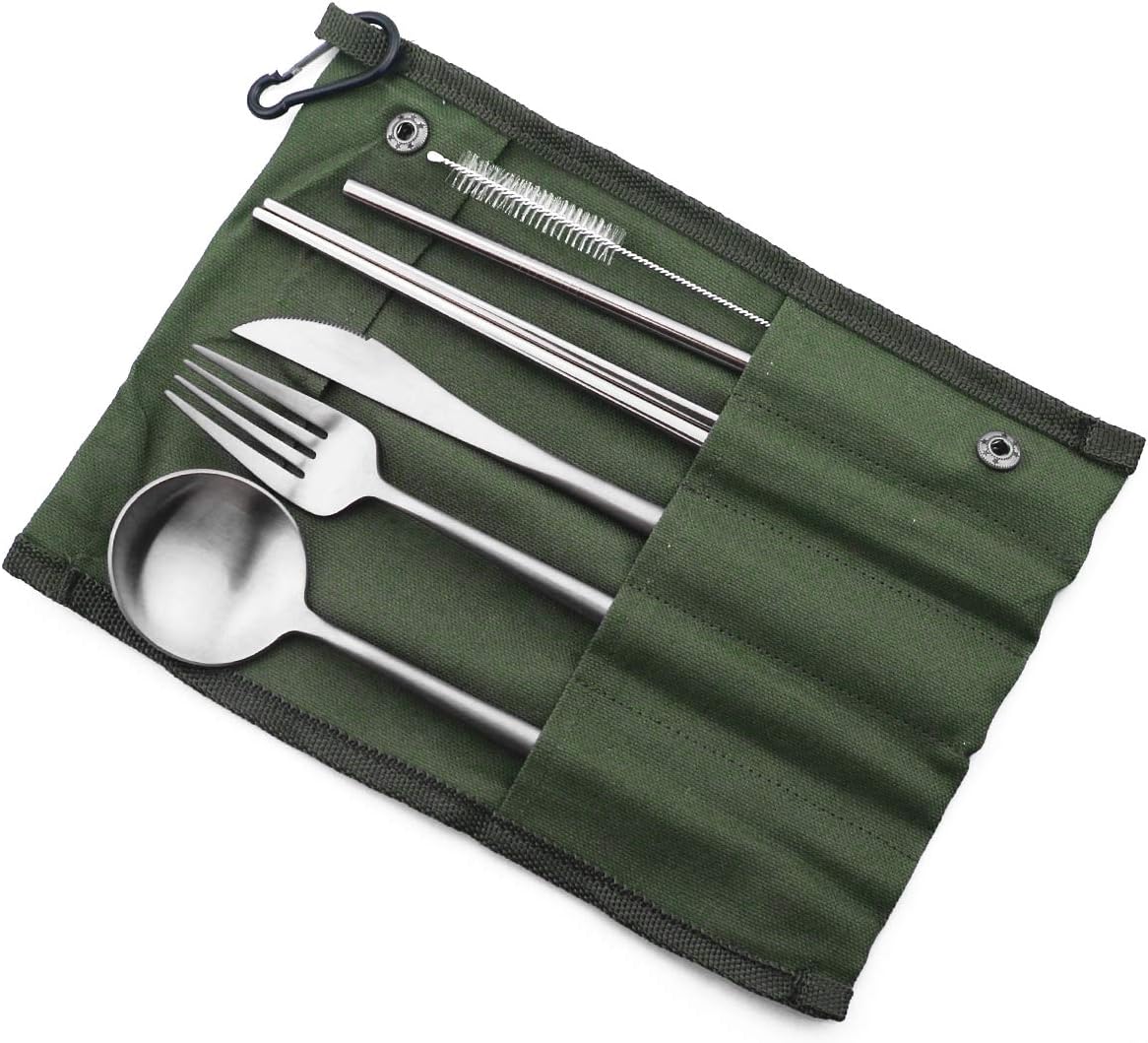 Reusable Travel Utensils Set - 7 Pieces Portable 18/10 Stainless Steel, Includes Knife, Fork, Spoon, Chopsticks,