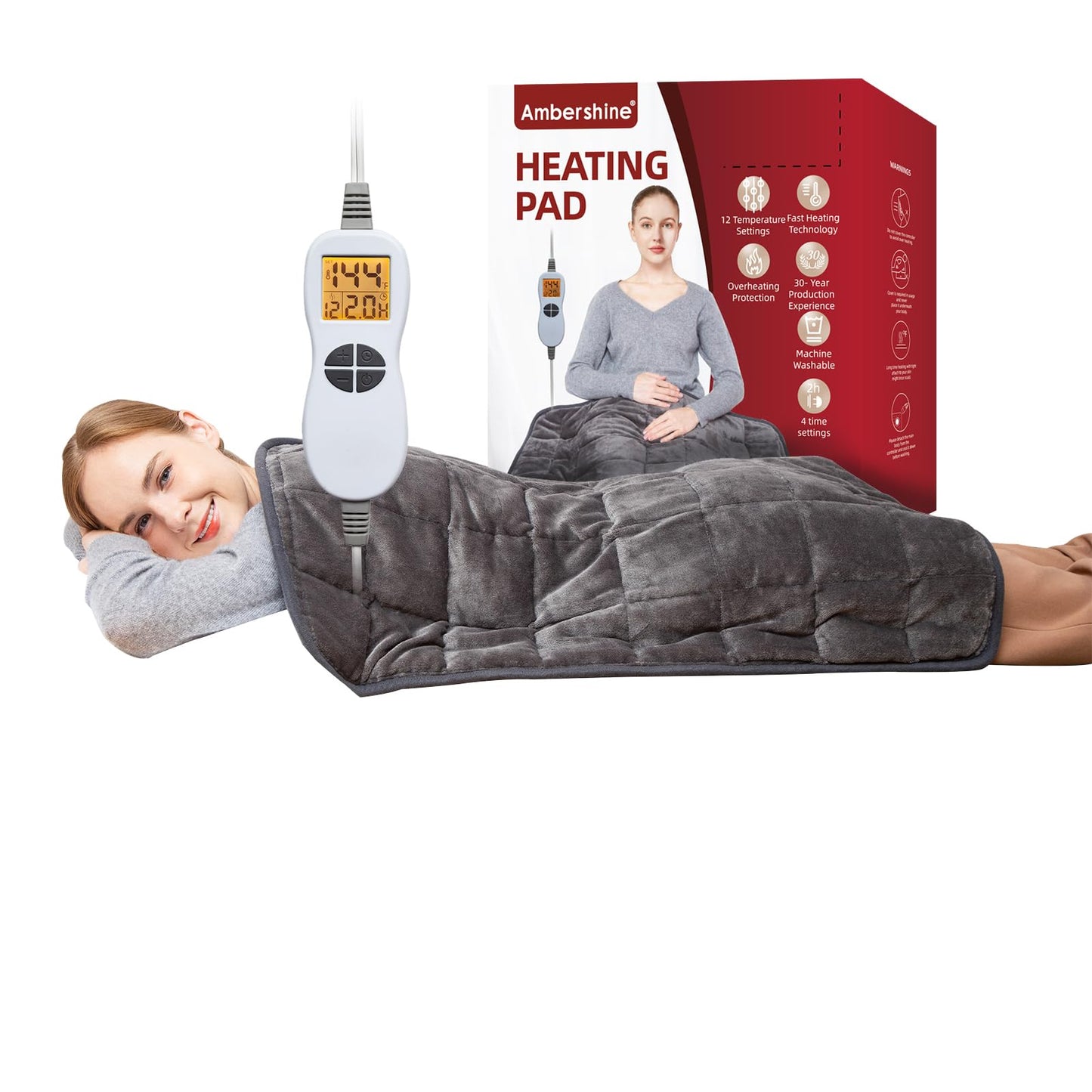Ambershine 17''x33'' XXXL King Size Heating Pad with 12 Temperature Settings & 4 Auto-Off Countdown Timers, Pain Relief for Back/Neck/Shoulders/Abdomen/Legs, Christmas Gifts for mom dad (Dark Gray)