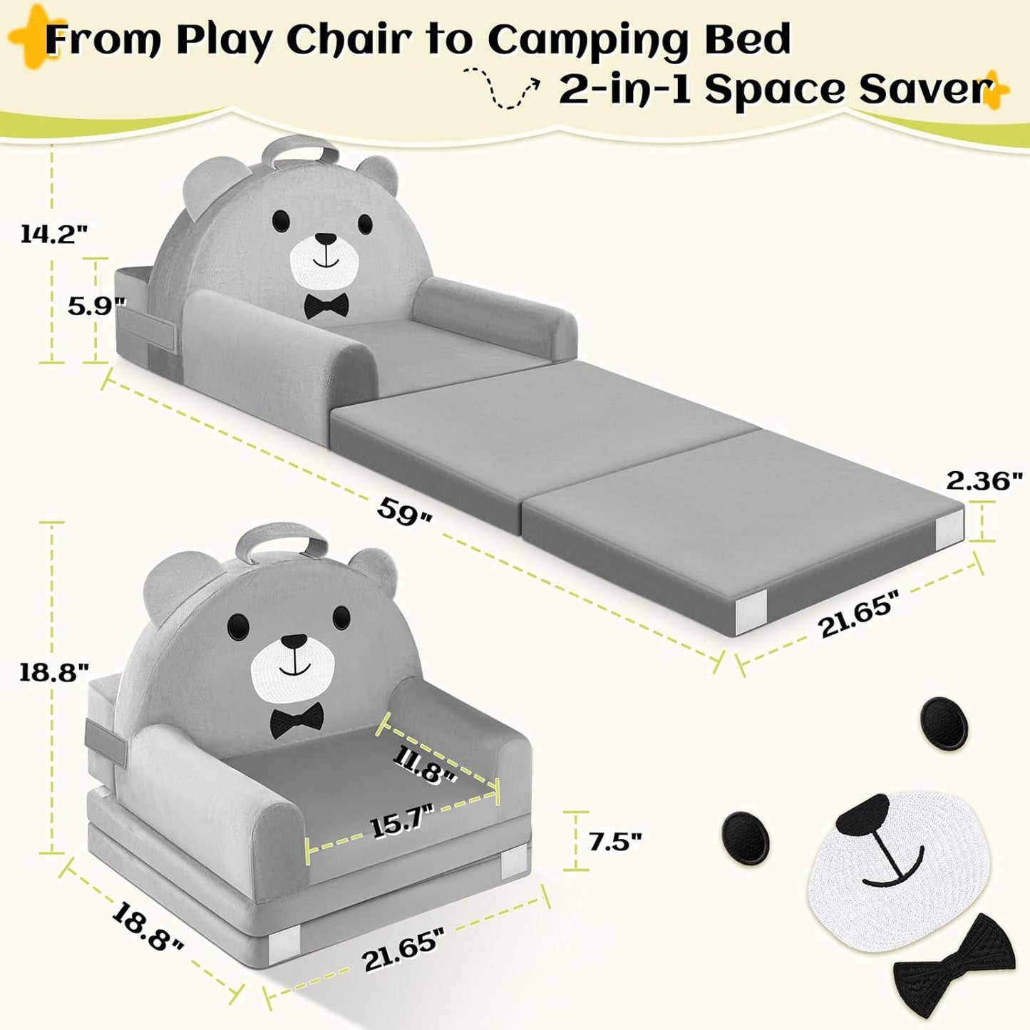 Cozy Kids Sofa Bed with Removable Washable Cover & Magic-Tape Backrest Foldable Toddler Chair, Crystal Velvet Furniture
