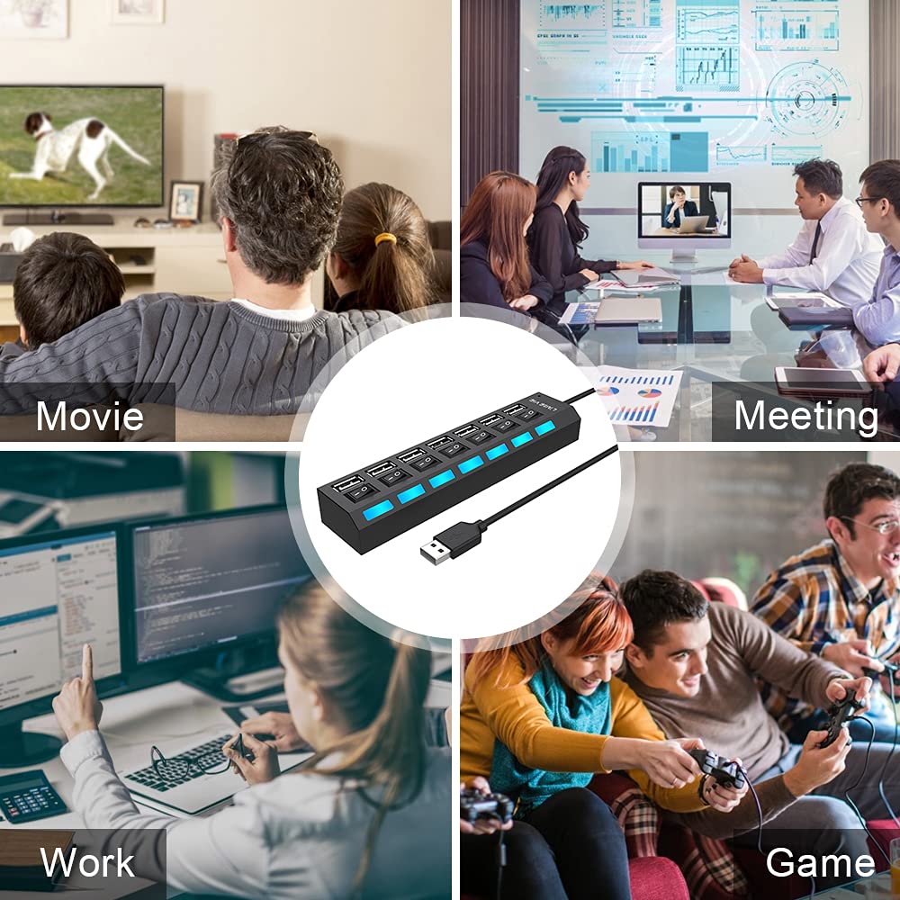 Multi Port Splitter, 7 Port USB 2.0 Hub, USB A Port Data Hub with Independent On/Off Switch and LED Indicators, Lights for Laptop, PC, Computer, Mobile HDD, Flash Drive and More (Black 2.0)