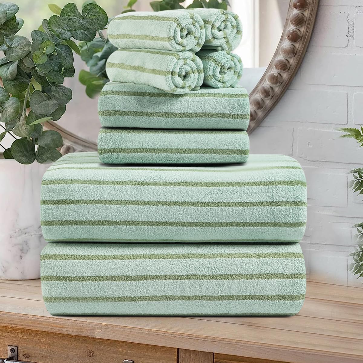 8 Set Sheet-2 Towels,2 Towels,4 Oliven Pcs Green Cabana Stripe Large Bath Towel Oversized Bath Bathroom Hand Washcloths
