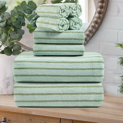 8 Set Sheet-2 Towels,2 Towels,4 Oliven Pcs Green Cabana Stripe Large Bath Towel Oversized Bath Bathroom Hand Washcloths