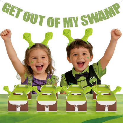 Wynato 16 Pack Green Ogre Party Favor Treat Boxes Goodie Gable Paper Gift Boxes with Handles Green Ogre Ears Costume Hairpin (16)