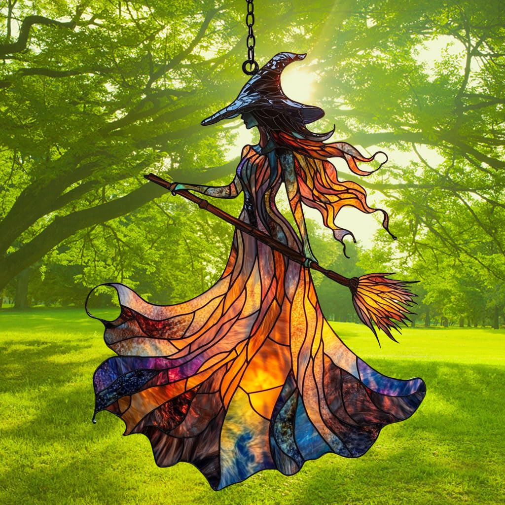 Scary Witch Acrylic Suncatcher Stained Glass Effect Window Car Hanging Christmas Ornament Indoor Outdoor Decor Garden Sun Catcher Panel for Halloween Lover for Women Mom Grandma