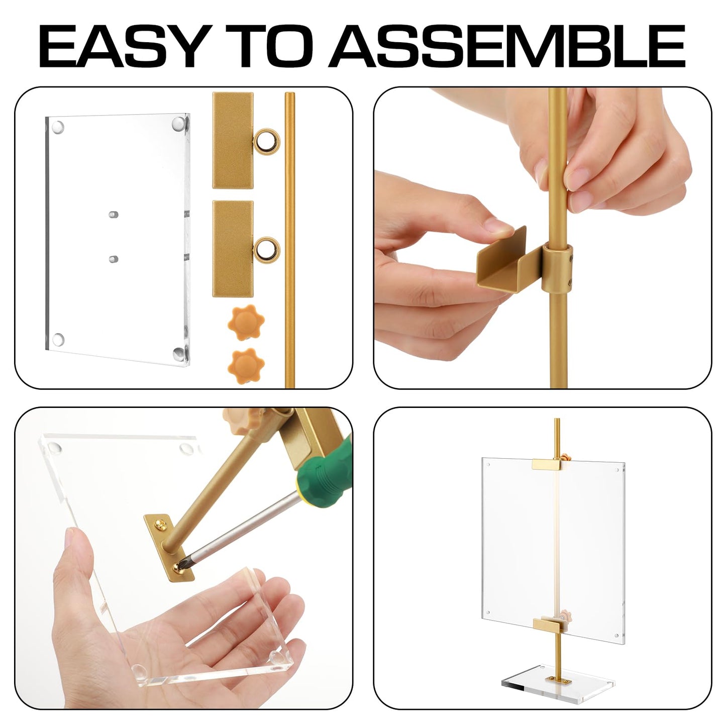 RattanView Adjustable Metal Easel Stand with Acrylic Floating Photo Frame 16.5" Tabletop Metal Standing Easel Display Stand for Display Picture, Frame, Photos, Art, Poster, Signs(Gold,Acrylic Base)