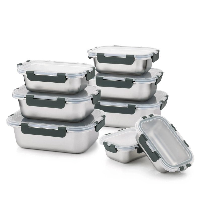 Cuiselect 8 PCS Stainless Steel Lunch Box, 4-Size (58/41 /24 /14Oz) Stackable Metal Bento Boxes BPA Free Dishwasher Safe, Food Storage Containe, Leakproof Reusable Meal Storage for Work,Travel (Gray)