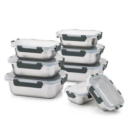 Cuiselect 8 PCS Stainless Steel Lunch Box, 4-Size (58/41 /24 /14Oz) Stackable Metal Bento Boxes BPA Free Dishwasher Safe, Food Storage Containe, Leakproof Reusable Meal Storage for Work,Travel (Gray)