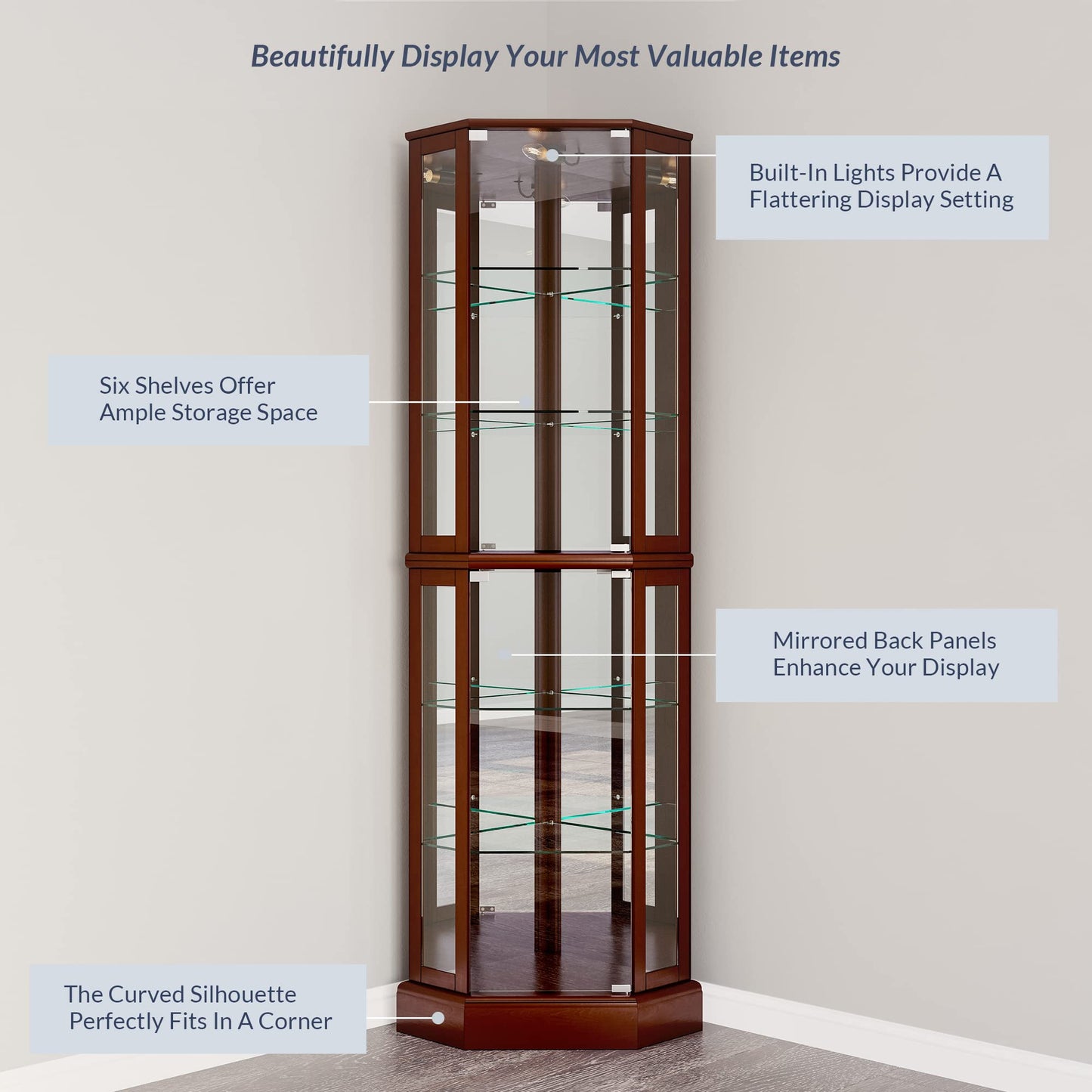 BELLEZE Lighted Corner Display Curio Cabinet,72" Tall Wooden Curved Shelving Unit with Tempered Glass Door, Bar and Liquor Storage Area with 6 Shelves - Ashfield (Walnut)