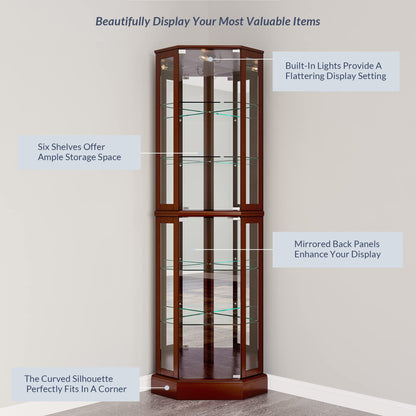 BELLEZE Lighted Corner Display Curio Cabinet,72" Tall Wooden Curved Shelving Unit with Tempered Glass Door, Bar and Liquor Storage Area with 6 Shelves - Ashfield (Walnut)