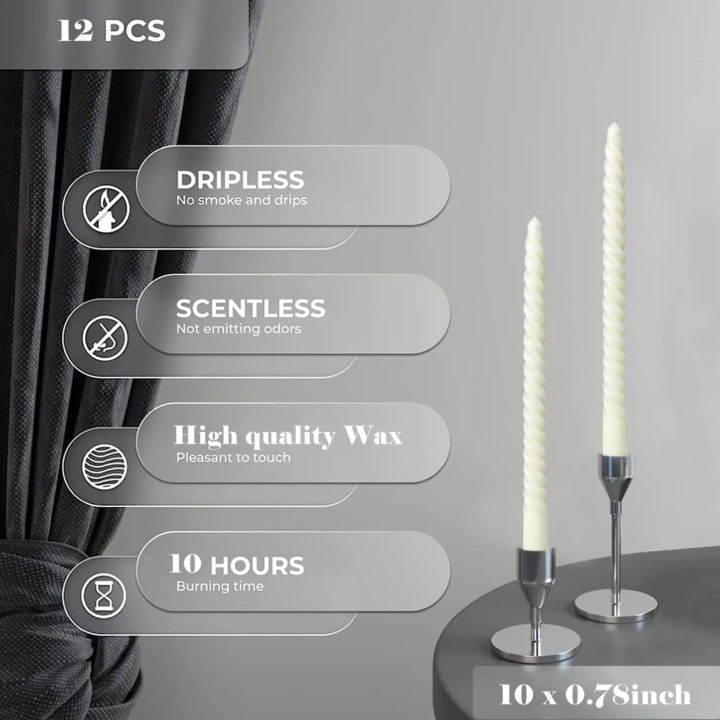 Ivory Taper Candles Stick Spiral Twisted Candles-Set of 12 for Decoration Weddings Party Church-Unscented Dripless Candles,10inch(F-Ivory)