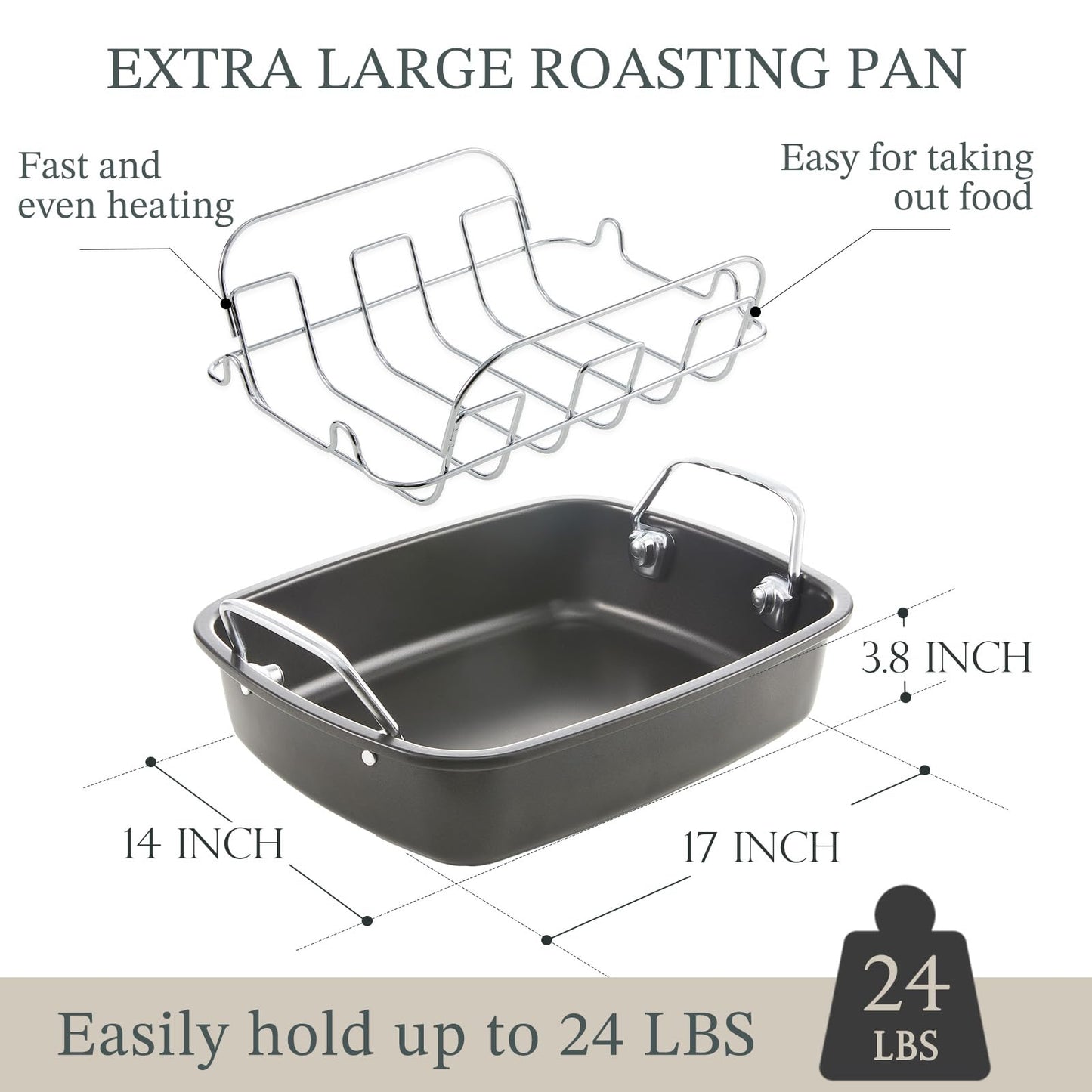 KITESSENSU Large Roasting Pan with Rack - 25 LB Nonstick Turkey Roaster Pan for Oven - Heavy Duty Carbon Steel Roasting Pan with Wider Handles for Chicken, Vegetables & Holiday Meals, Cream