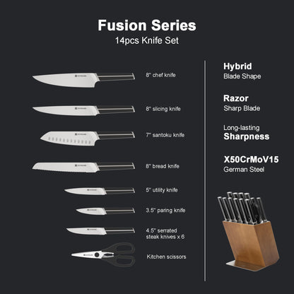 ZUNMARK Kitchen Knife Set, 14 PCS Knife Sets for Kitchen with Block, X50CrMoV15 High Carbon German Steel Knife Set with 6X Serrated Steak Knife, Heavy