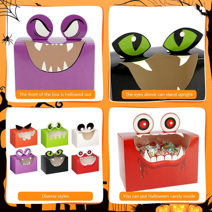 THAWAY 36 Pcs Halloween Treat Boxes with Funny Big Opening Design, Paper Candy Gift Goodie Boxes for Party Favors, Classroom Gift Exchange and Trick or Treating (6 Spooky Designs, 6x4x4 Inches)
