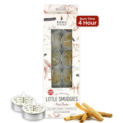SOUL STICKS 12 Pack Little Smudgies Tealight Candles Smudge Candle for Cleansing House, Meditation, Chakra Healing | Made with Crystals and Herbs (Palo Santo)
